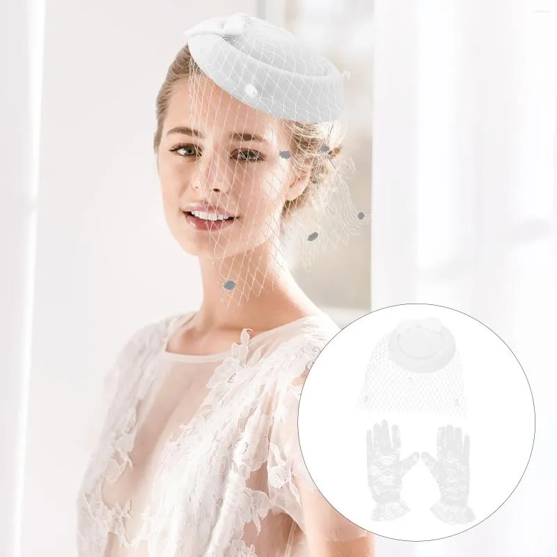 Berets Cocktail Hat Wedding Decor Pillbox Women Veil Party Hair Accessoire Short Lace Handschoenen Polyester Barret Women's