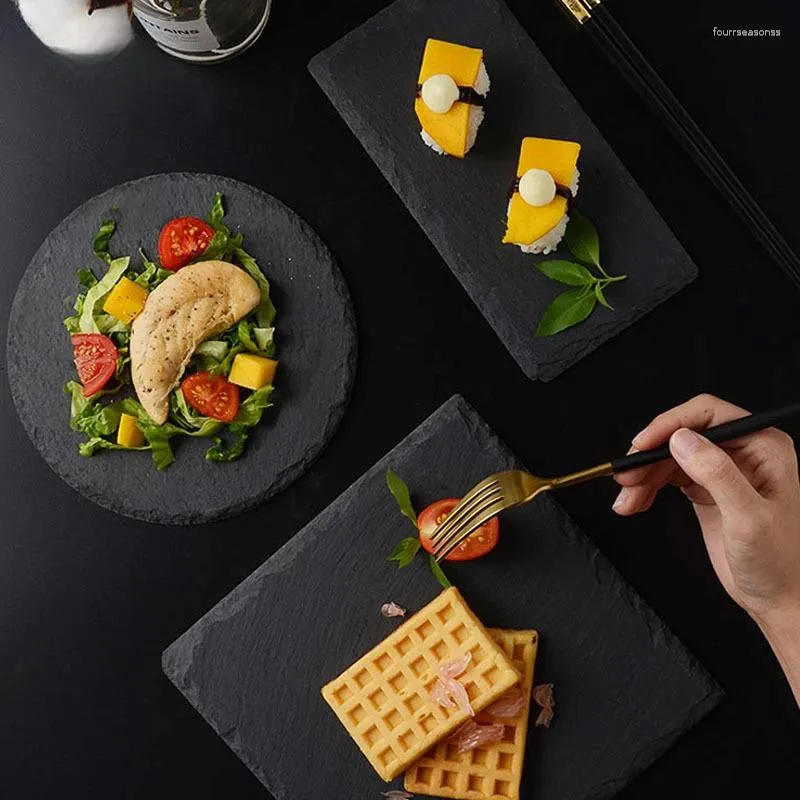 Placas Placa de rocha japonesa criatividade plana cor sólida laje de pedra natural prato de jantar talheres el restaurante servindo bandeja