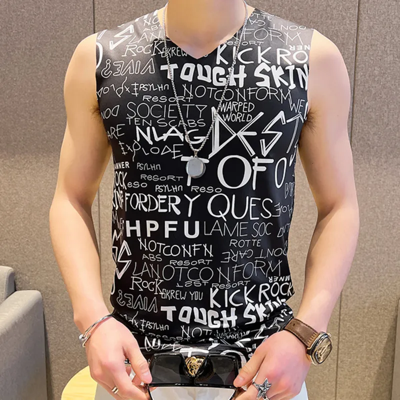 Men S TANK TOPS 2023 Summer Full Print V Neck Wide Vest Hip Hop Sleeveless for Funny T Shirts Abstract Top 220410