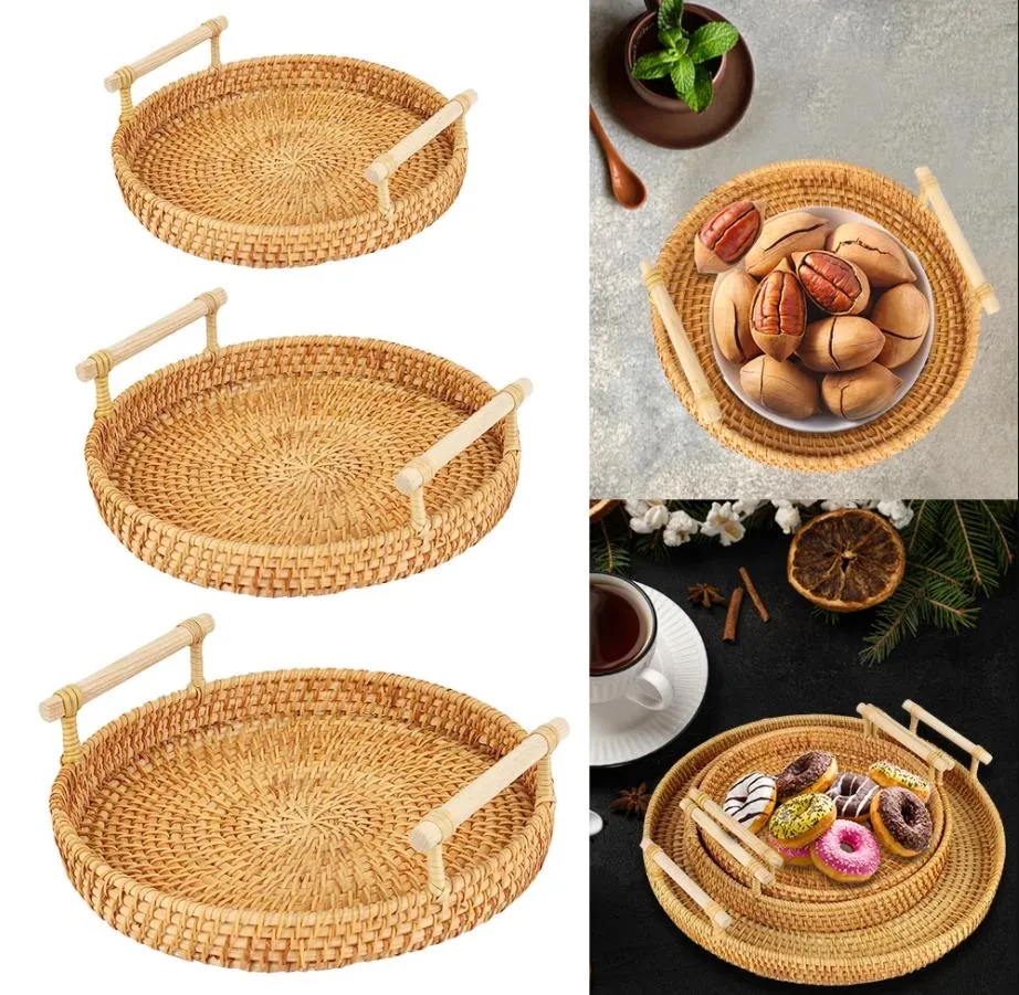 Plateau à fruits en osier, panier de rangement rond en rotin avec manche en bois, pain, gâteau aux fruits, assiette alimentaire, plateau de service pour la maison