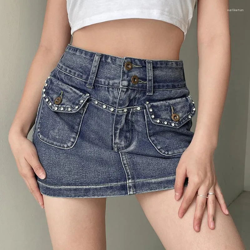 Skirts Sexy Retro Denim Short Skirt Women's Streetwear Spicy Girl Low Waist Pocket With Diamond Blue Jean Harajuku