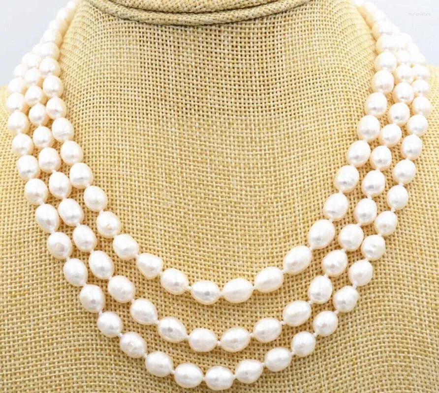 Kedjor Natural 6-7/7-8/8-9mm White Akoya Freshwater Cultured Pearl 3Row Necklace 17-19 "