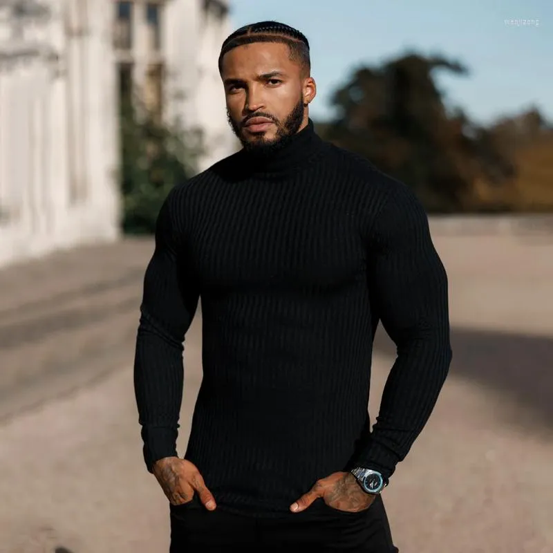 Herr t-skjortor far söner klassiska svart ribbade stickade rulle turtleneck pullover män lång ärm t-shirt sport fitness casual bottom skjorta