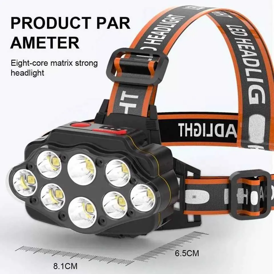 Stirnlampen LED-Stirnlampe 90 Grad schwenkbarer Kopf Starke LED-Stirnlampe Wasserdichte wiederaufladbare 8 LED-Stirnlampe Taschenlampe P230411