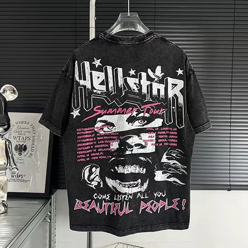 S skjortor hiphop hellstar crack porträtt tryck grafisk vintage tvättdesign tshirt 223 män streetwear orolig t -shirt