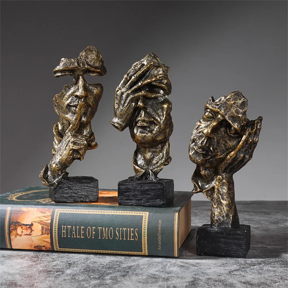 Obiekty dekoracyjne figurki mini 3PCS Set Silence Is Gold Statue Desin Rzeźba Rzeźba biuro Dekoracja Dekoracja