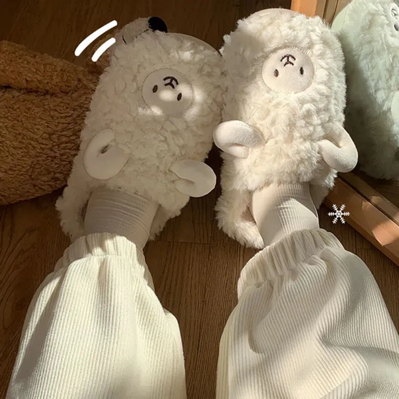 Тапочки, коллекция 2023 года, зимняя обувь, милые парные домашние меховые тапочки с рисунком овцы, домашние хлопковые домашние тапочки, сохраняющие тепло, плюшевые 231110
