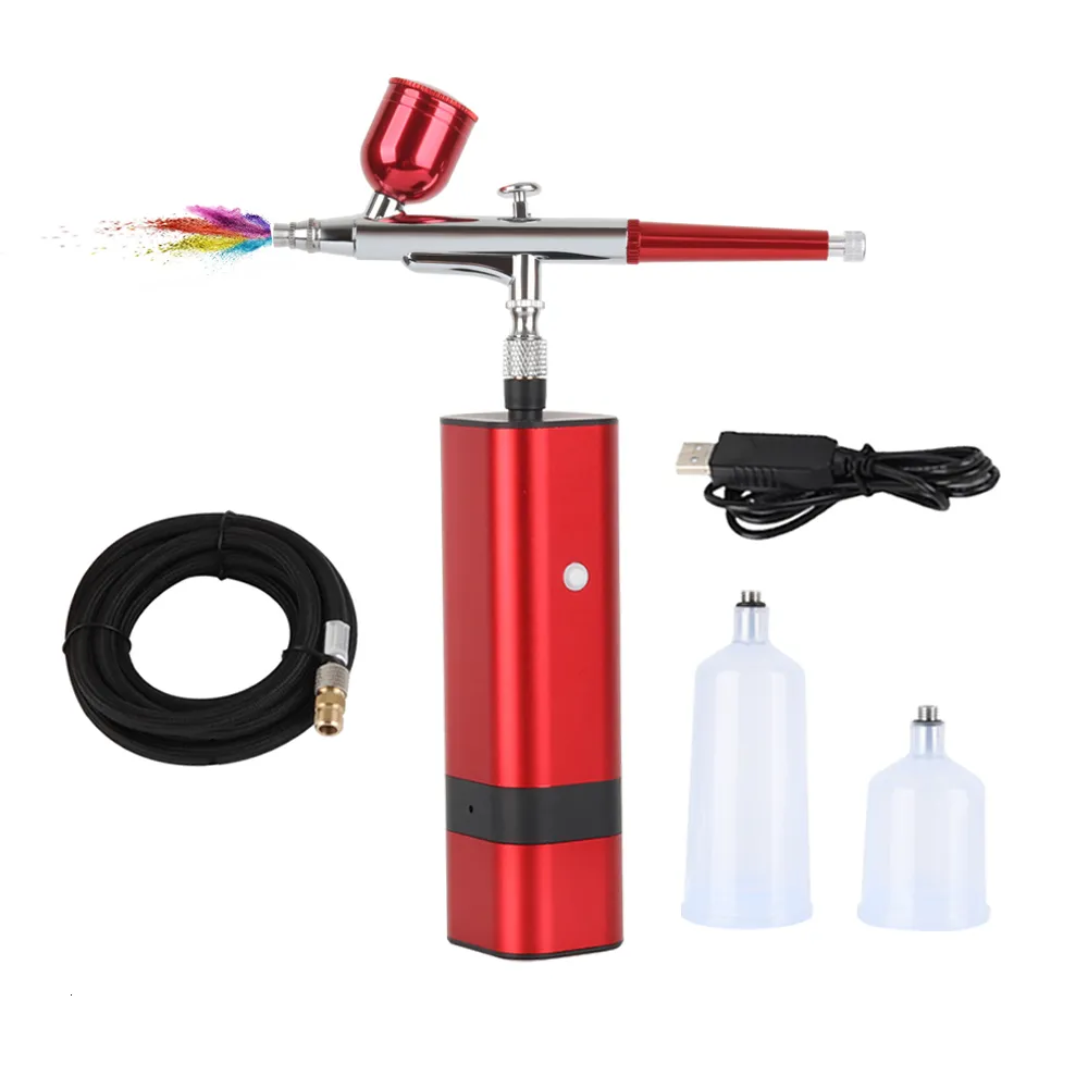 Airbrush Dövme Malzemeleri 32 Psi Kablosuz Airbrush Pocket kompresör ile taşınabilir yüksek basınçlı siyah ve kırmızı renk 1.2m hortum pnömatik alet pompası 230411