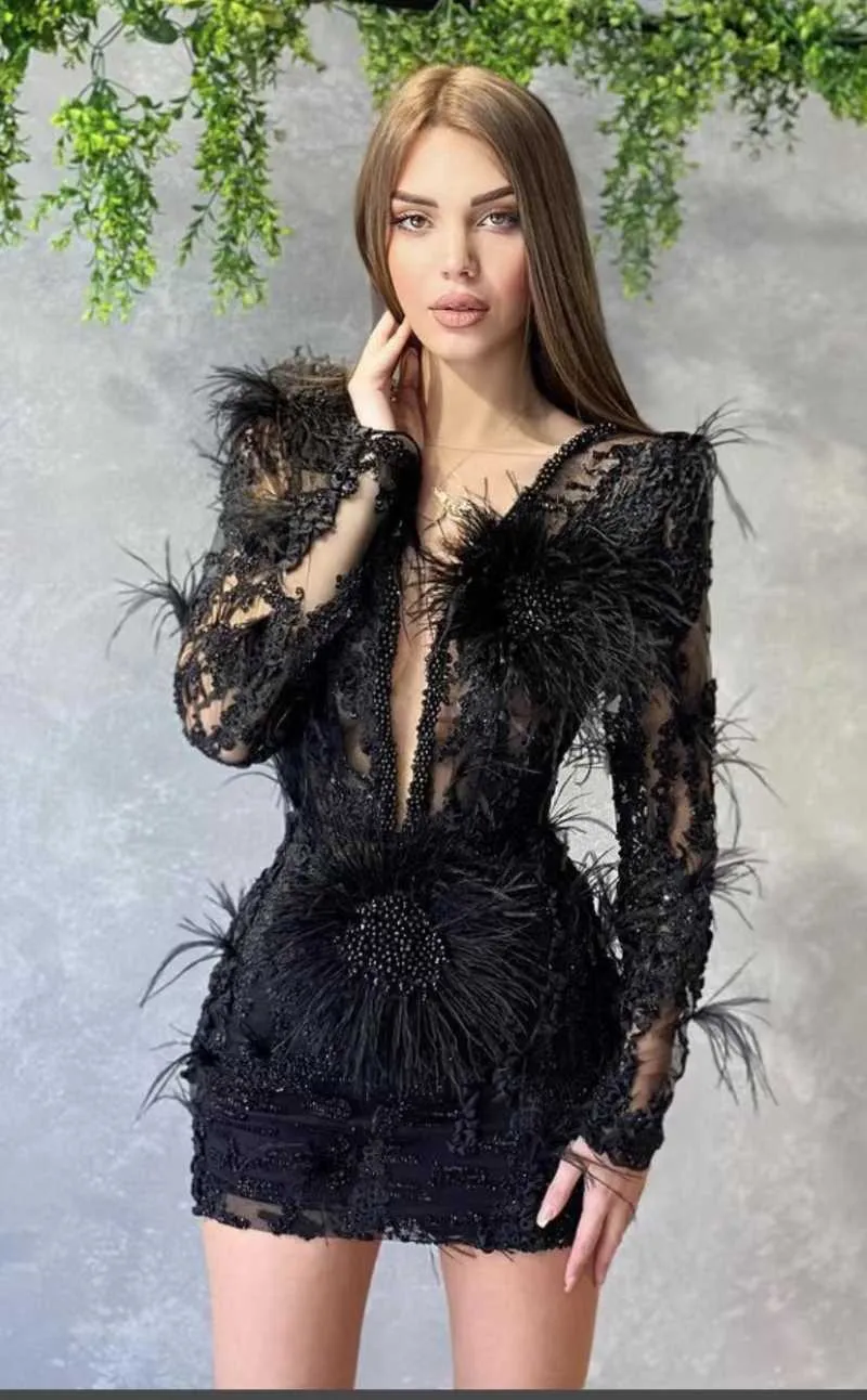Sukienki swobodne luksusowe sukienki z piórami Wysokiej jakości cekiny mini czarny sexy v szyja długie rękawy vintage vestios celebrytka noc nocna