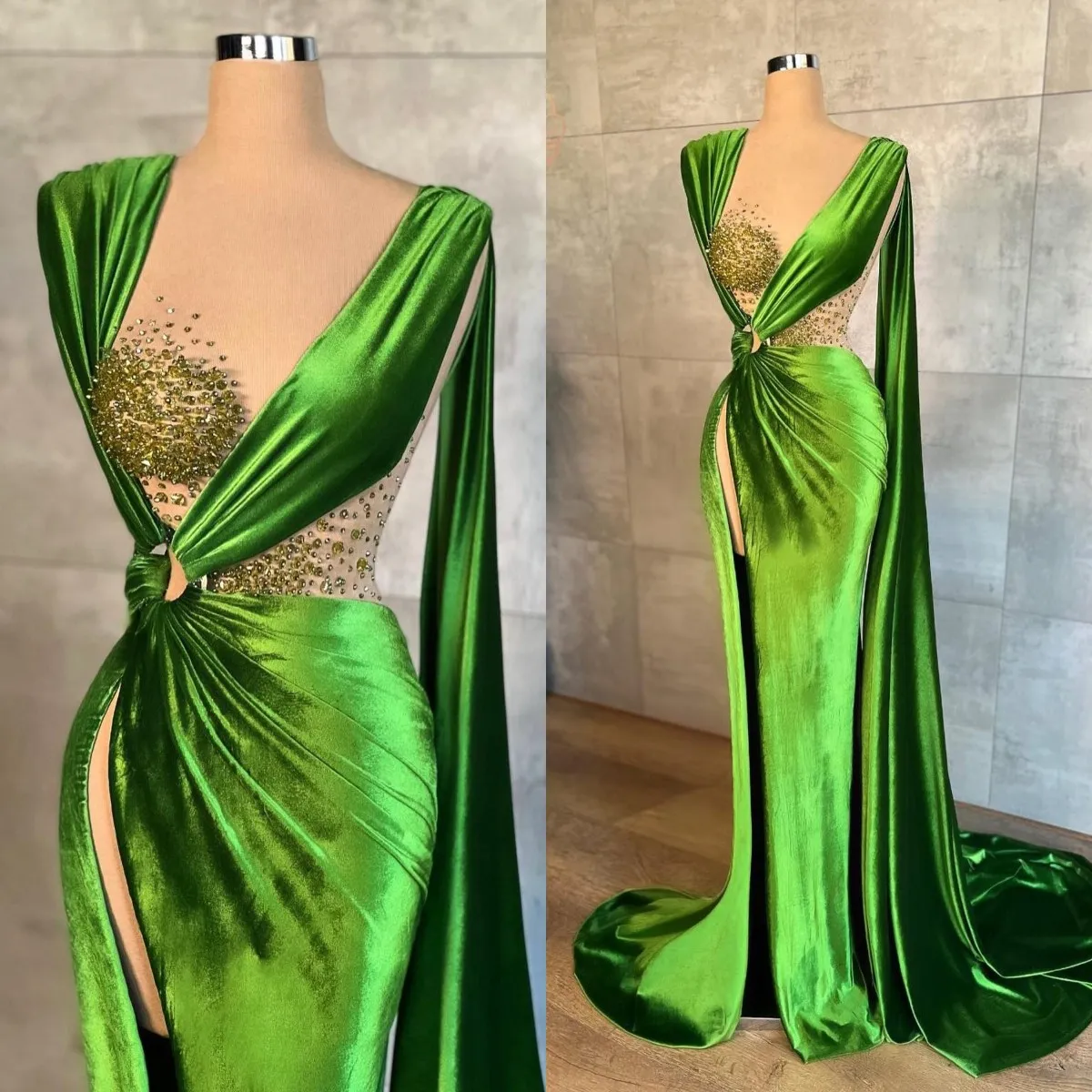 Арабские зеленые бархатные выпускные платья элегантная русалка с бисером сексуально открыто открыто расщепленное