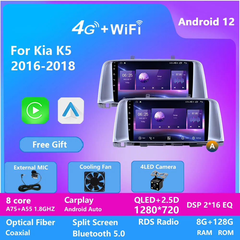 Android 12 vidéo Carplay autoradio pour Kia K5 2016-2018 lecteur multimédia GPS Navigation 2din autoradio 8core 8G 128G