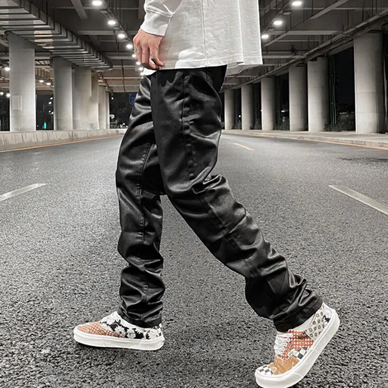 Harajuku Black Waxed Jeans For Men Casual M&S Leather