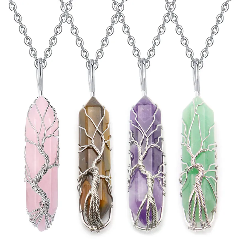 Arbre De Vie Cristal Colliers Pierre Naturelle Quartz Collier Pendentif Chakra Hexagonal Bullet Améthystes Lapis Lazuli Bijoux