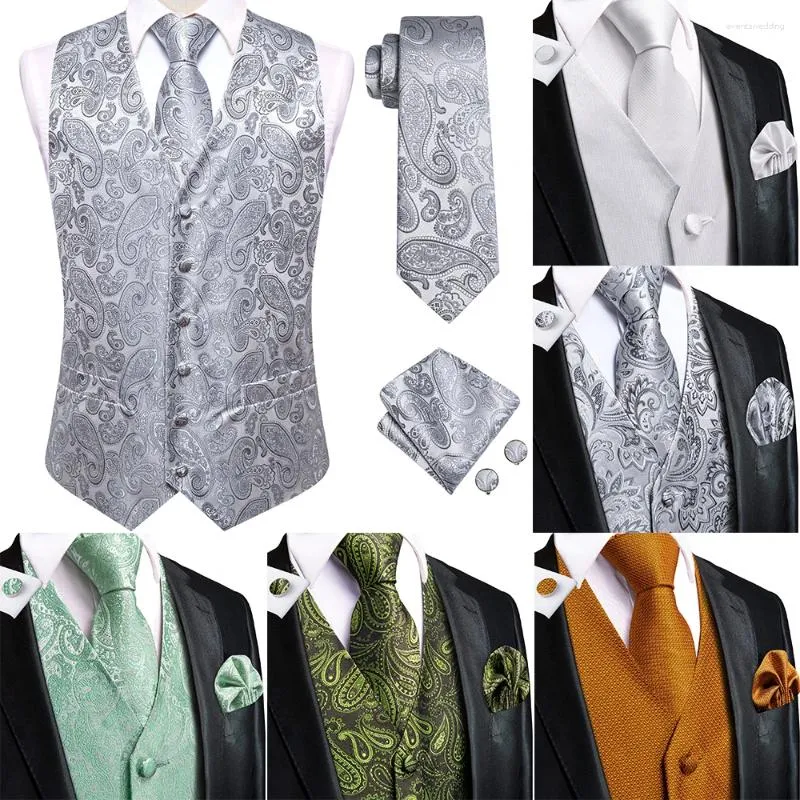 Mäns västar Hi-Tie Gray Mens Vest Tie Business Formal Paisley Silk Sleeveless Jacket 4pc Hanky ​​Cufflink Suit Waistcoat Wedding Party Party