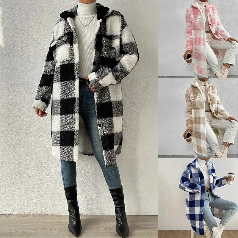 Women's Wool Blends 2023 Autumn Winter Women Splice Plaid Coat Elegant Plush Polyester Lapel Long Jacket Ladies Button 231110