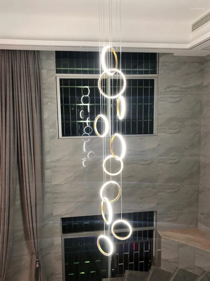 Żyrandole okrągłe pierścień kształt wisiorek schodów żyrandol Duplex Villa Loft lampa salonowa restauracja wyspa sufitowe światło sufitowe