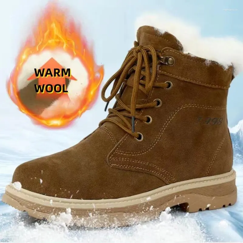 Boots Fashion Cowhide Waterproof Anti-skid Snow Boot Warm Wool Fur Thicken Plush Winter Shoes Outdoor Hiking Walking Men's Shoe