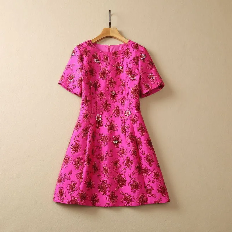 European and American women's clothes 2023 summer new Round neck and short sleeves fashion Beaded Jacquard Rose Dress XXL