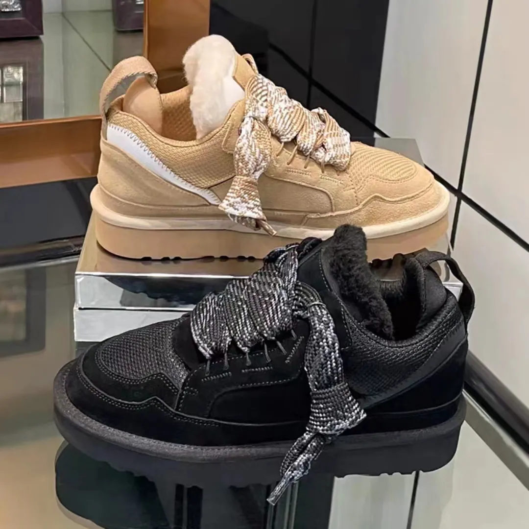 Lowmel tränare casual skor sneakers klassiska kvinnors korgar sand ull fårskinn vinter canvas kall designer äkta läder mocka löpare höst vinterstorlek 35-42