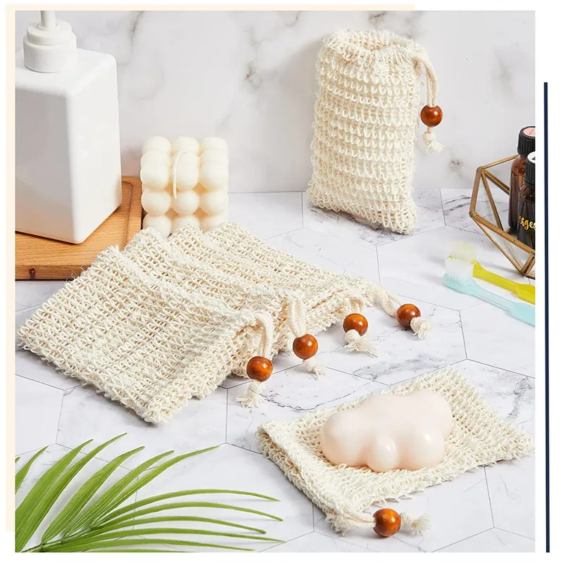 Soap Saver Bag Sisal Soap Bag Exfoliating Soap Pouch with Drawstring Bar Soap Bag with Wooden Bead Foaming and for Bath and Shower