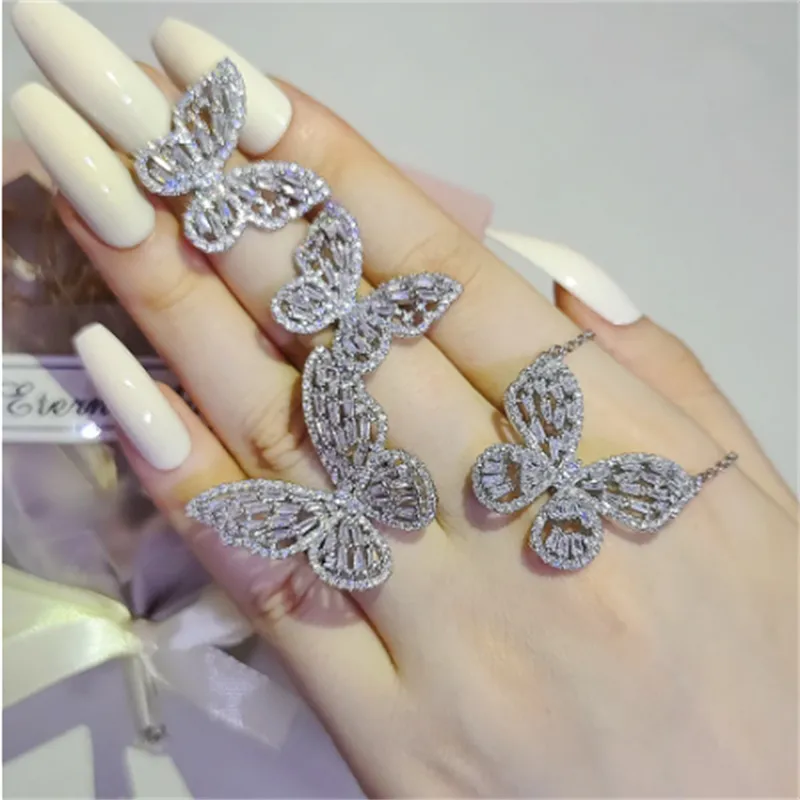 Butterfly Jewelry set Zircon White Gold Filled Promise Party Wedding Rings Earrings Necklace Bangle For Women Bridal Jewelry