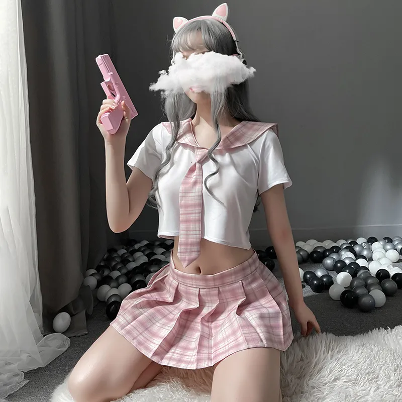 Seksi Set Japon Tatlı Ekose Okul Kız Öğrencisi JK UNİYALI ROLU Play Costume Ponpon kızlar için Seks Giyim