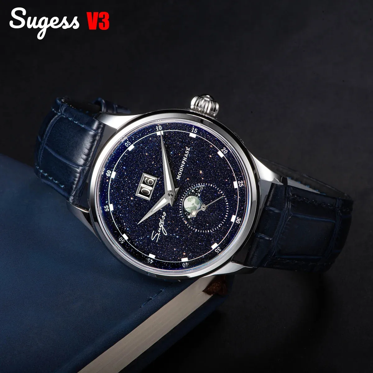 Titta på band Sugess Moonphase of Men 40mm Automatiska mekaniska armbandsur Seagull ST2528 Movement rostfritt stål Blue Sandstone Dial 231110