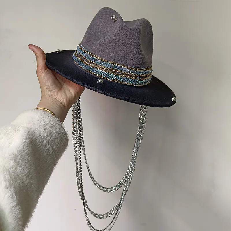 ワイドブリム帽子バケットハットチェーンパンクフェドラ帽子hat fedora hatシルバーチェーンアクセサリージャズヒップホップウィンターハットパンクスタイルフェドラハットチャーチハット230410