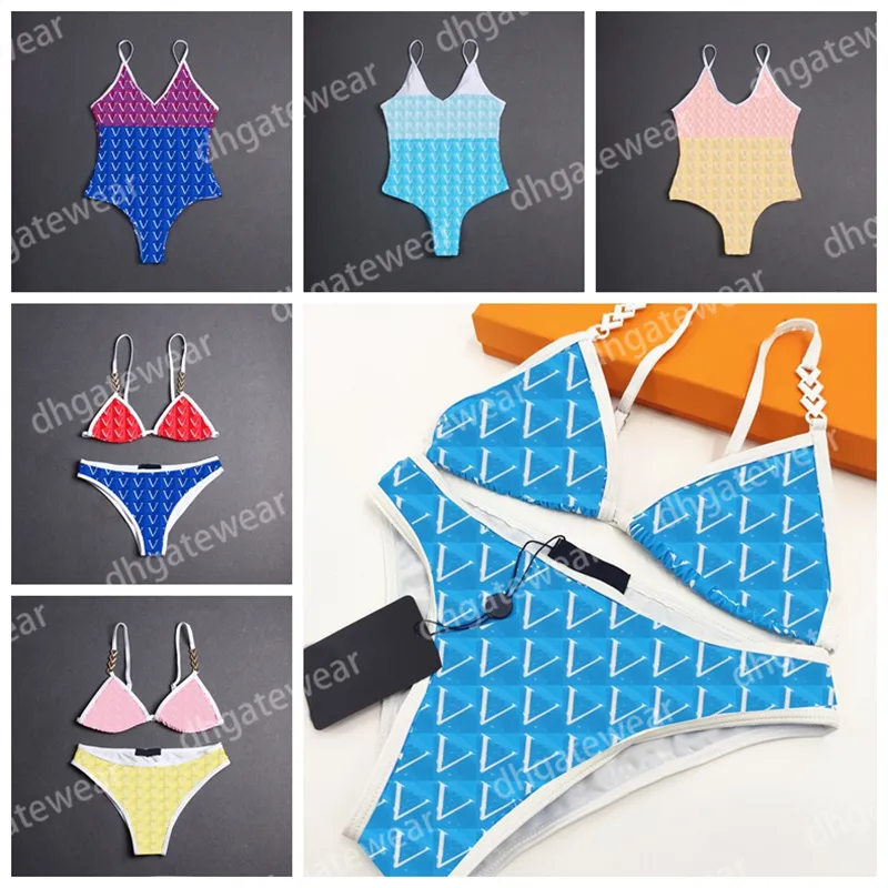 Costumi da bagno senza schienale da spiaggia Set bikini sexy da donna Costume da bagno intero in pizzo stampato con scollo all'americana in metallo