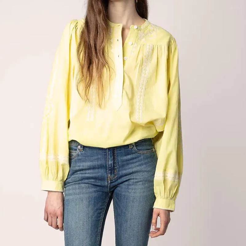 Женские блузки Zessam Желтая вышивка женская рубашка весна лето длинные рукава женские топы повседневные классические винтажные уютные леди блузя 2023