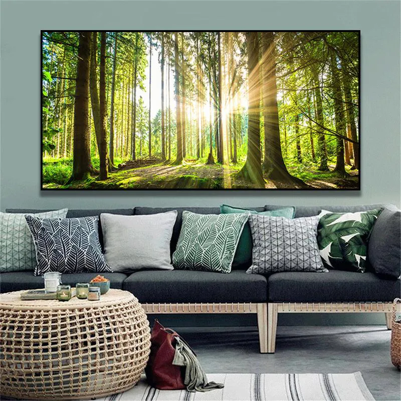 Sunrise orman modern doğal manzara tuval boyama posterler ve baskılar duvar sanat resimleri oturma odası için ev dekor cuadros