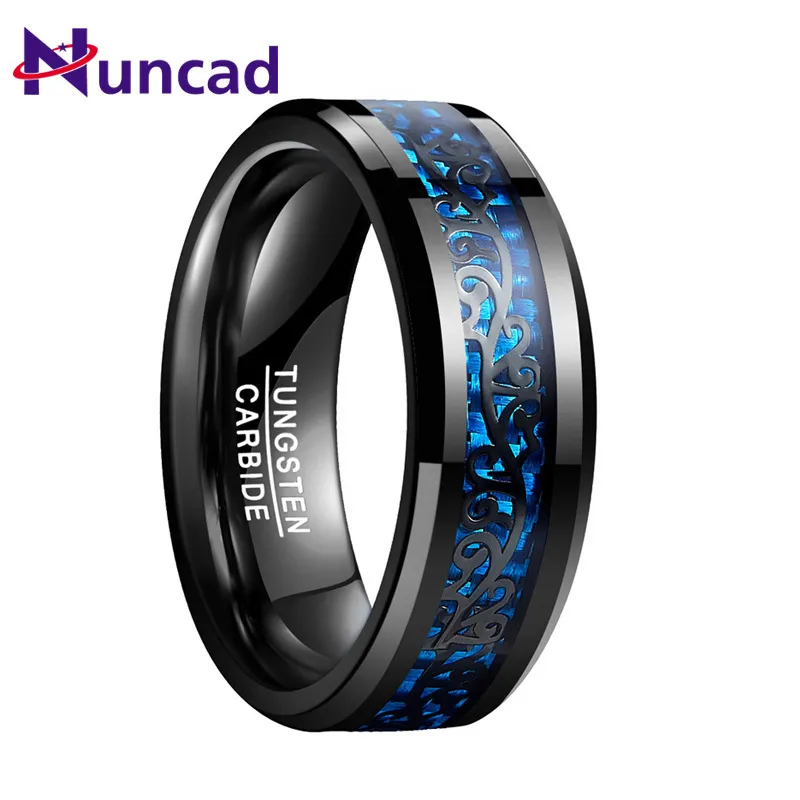 Bandringen Nuncad 8mm trouwringen verlovingsring Plating Black Tungsten Carbide Ring ingelegde wijnstokpatroon blauwe koolstofvezel heren sieraden 230410