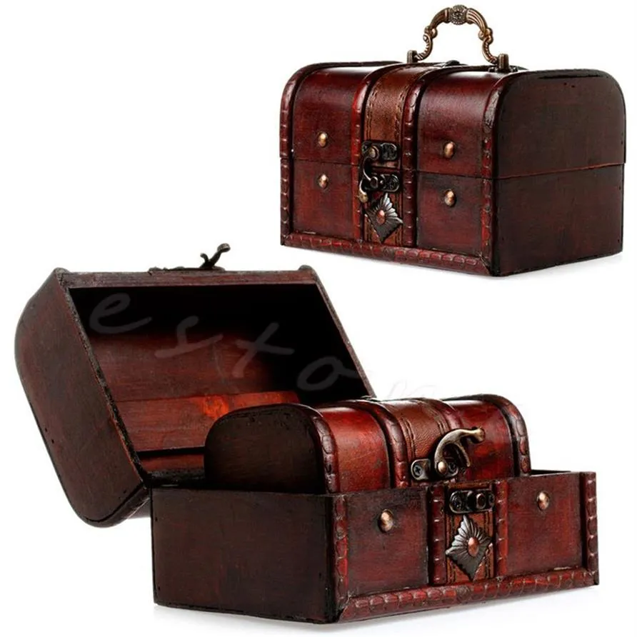 Conjunto de 2 peças de madeira pirata caixa de armazenamento de joias porta-tesouro vintage baú212y