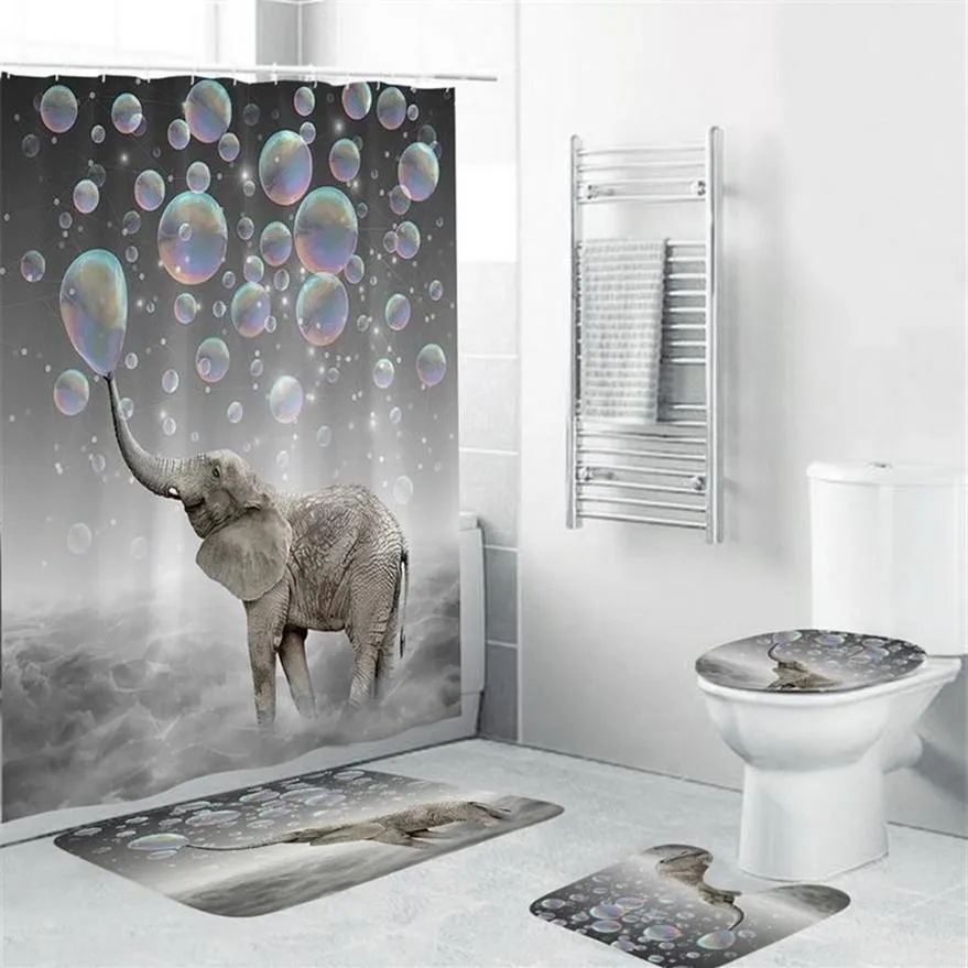 4 stks Olifant Waterdicht Polyester Bubbels Badkamer Douchegordijn Toilet Cover Mat Antislip Vloermat Tapijt Set met 12 Haken LJ201193l