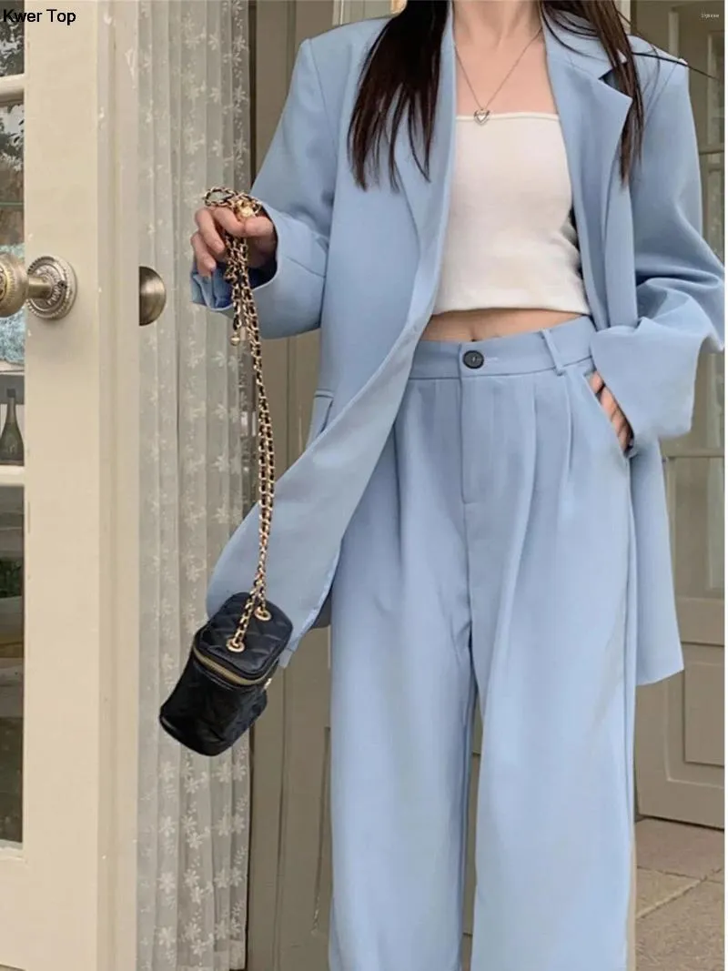 Pantaloni a due pezzi da donna Donna Coreana Casual Blazer blu Abiti da ufficio Lady Set eleganti pantaloni a gamba larga Giacche larghe Abiti moda