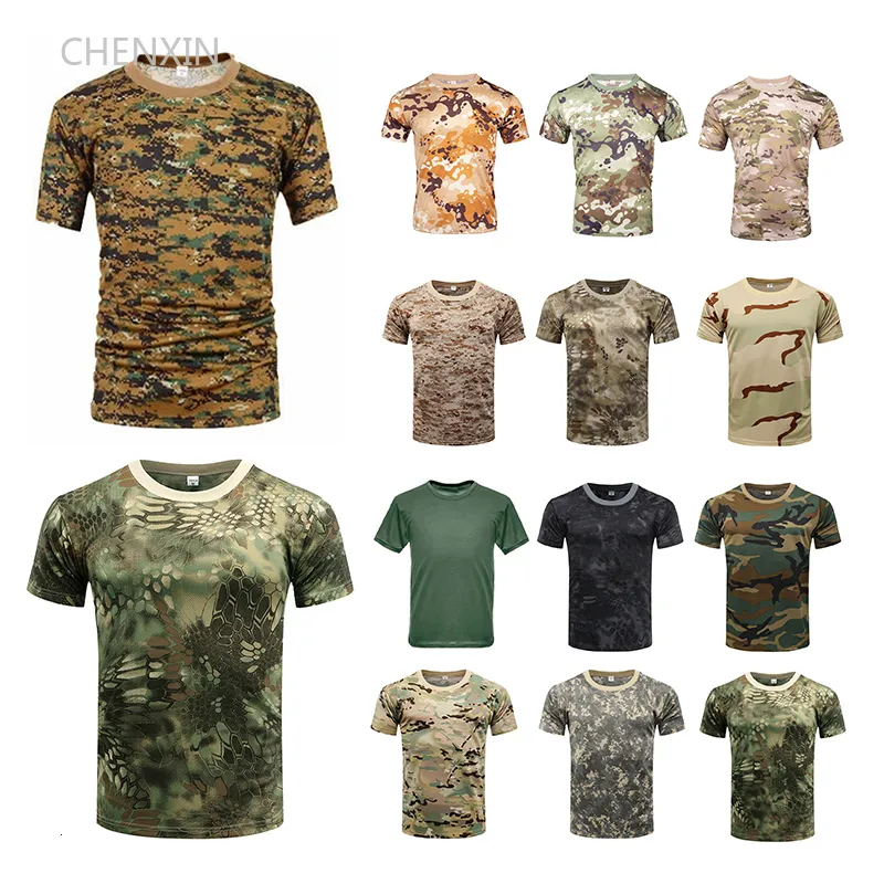 Män s t skjortor herrar snabb torr militär taktisk t kamouflage armé fiske kort jakt vandring s camo tshirts kläder 230411