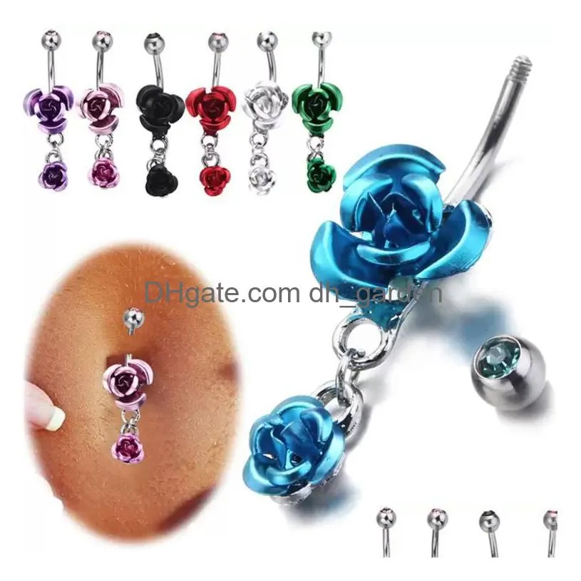 Navelklockknapp ringer rostfritt stål Belly -knappringar Crystal Rose Flower Body Piercing Bar Jewlery For Women Bikini Dhgarder Dhme9