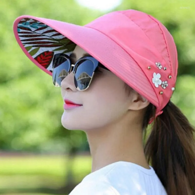 Visors Women Summer Sun Hats Foldable Long Brim Hat Pearl Flower Visor Suncreen Floppy Cap Female Outdoor Casual Baseball