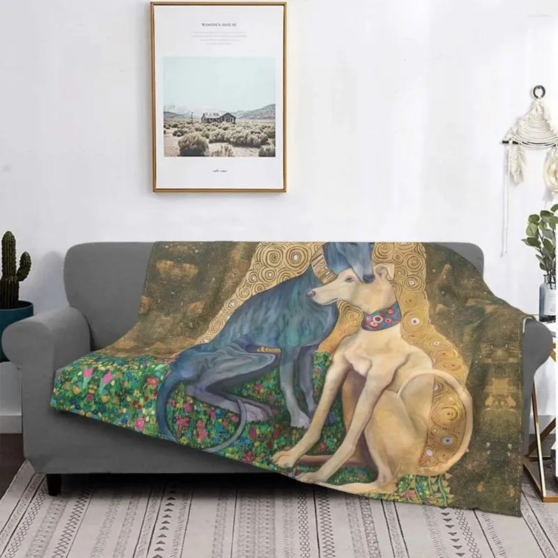 毛布Gustav Klimt Greyhound Dog Art Throw Braind Flannel Whippet Sihthound Lurcher for Bed Car Couch Quilt