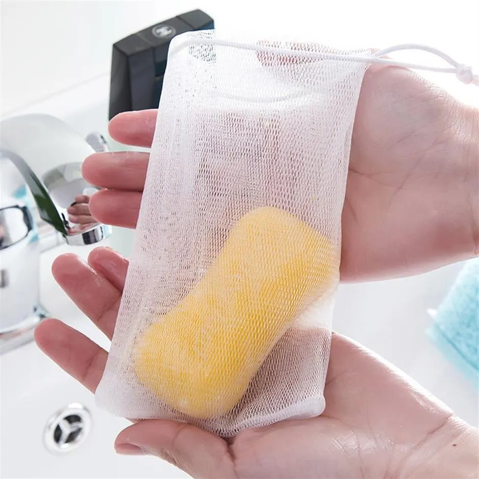 SOAPS Bag hudvänliga dubbla mesh vit färg tvålsparväskor för badkrämskummande badrumstillbehör263e