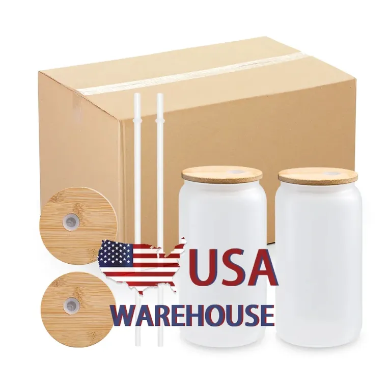 US Warehouse 16oz sublimering Glasölmuggar med bambu lock halmdiy tomma ämnen frostad klar kan formade tumlers koppar värmeöverföring cocktail e0411