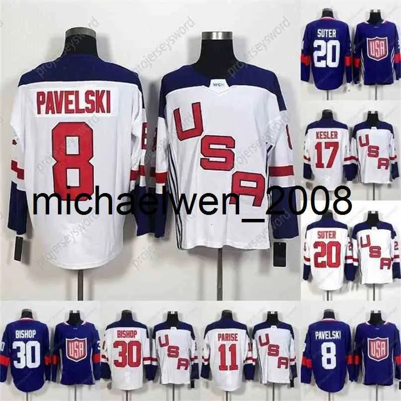 Weng Dünya Kupası Boş Takım ABD Hokey Formaları 8 Joe Pavelski 11 Zach Parise 17 Ryan Kesler 20 Suter 30 Ben Bishop Dünya Kupası Hokey Jersey