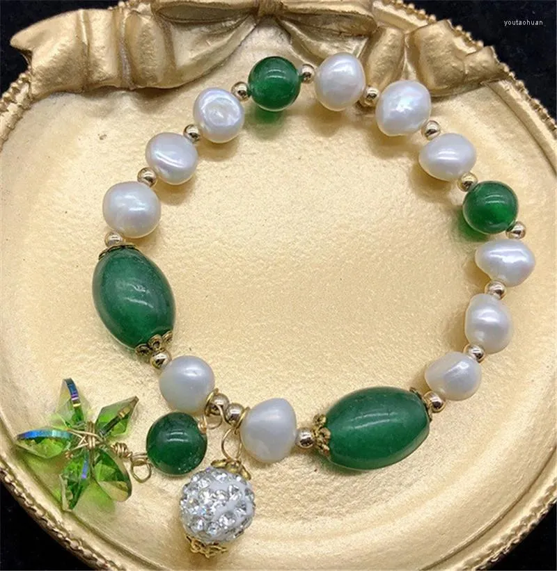 Strand HABITOO Beauty Natural 8-9mm White Freshwater Cultured Pearl Green Jade Crystal Pendant Bracelet Women's Fashion Bangle Jewelry