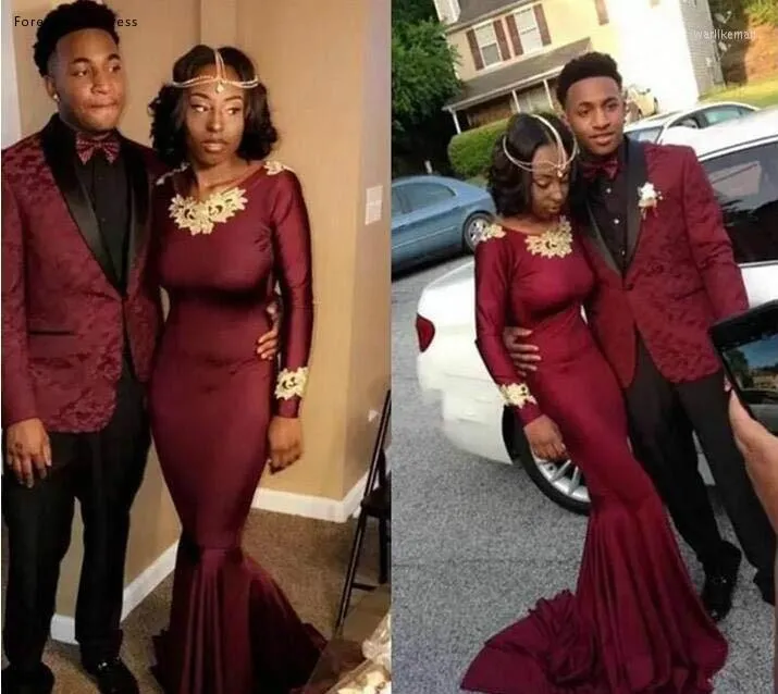 Party Dresses 2023 Burgundy Mermaid Prom Dress Black Girl Couple Long Sleeves Formal Holidays Wear Graduation Evening Gown Custom Made