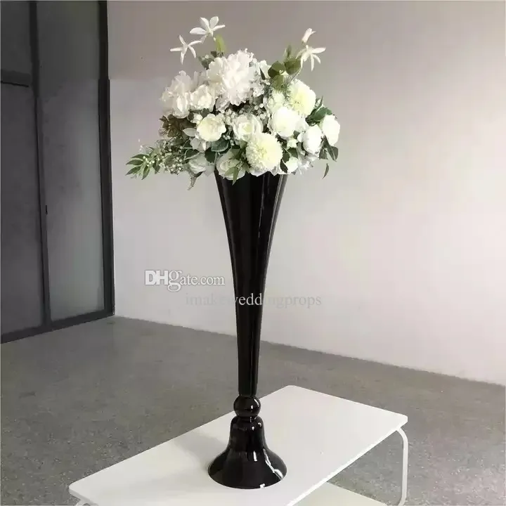 Wholesale decor tall black metal trumpet vases stemmed vase for wedding table flower stand centerpiece imake791