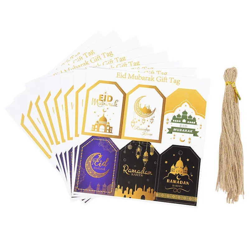 4 STÜCK Geschenkverpackung 48 Stücke Eid Mubarak Papieretikettenkarte DIY Handgemachte Hang Tag Ramadan Kareem Festival Party Dekorationen Geschenkverpackungszubehör Z0411