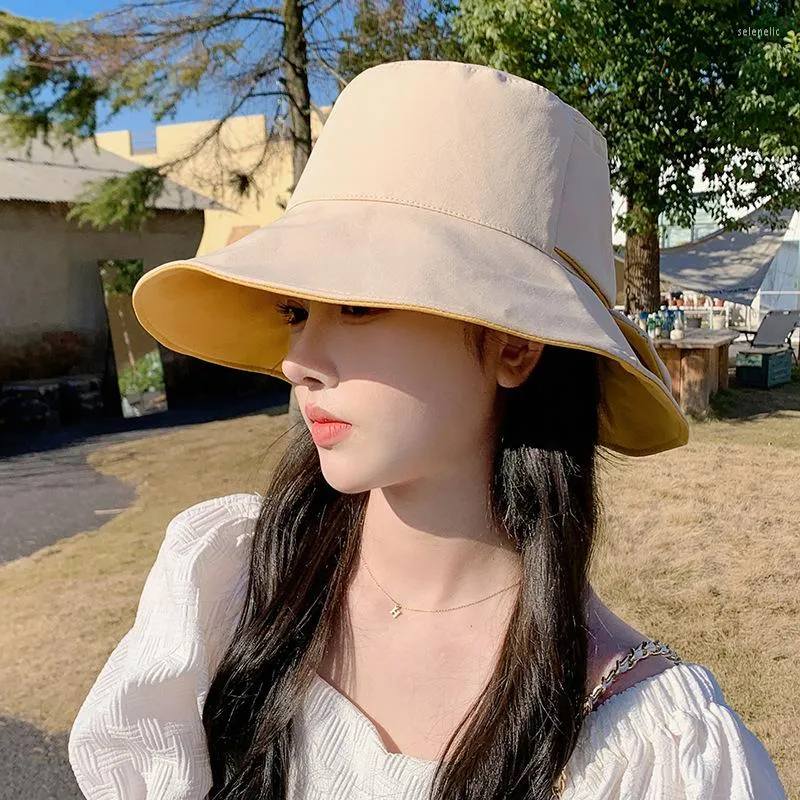 Szerokie brzegowe czapki Summer Woman Sun Fashion Ladies Outdoor Travel UV Protection Fisherman Cap Kobiet Solid Kolor Bow Panama Hat