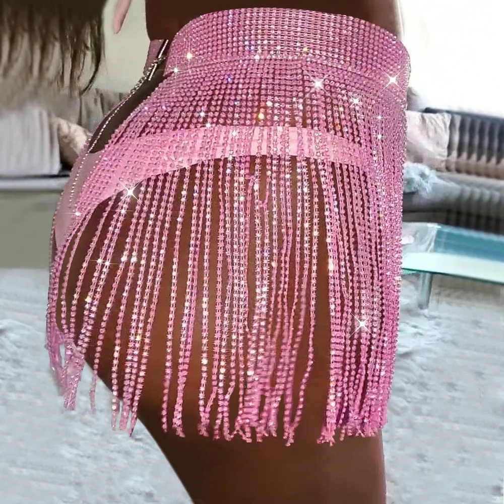 Jupes ITFABS femmes été plage Bikini Mini jupe paillettes vêtements long gland jupes cristal diamants réglable Sexy 230410