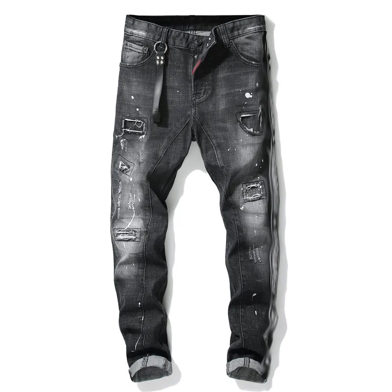 Mens Denim Jeans Itália Estilo Bicicleta Motocicleta Rock Jean Azul Preto Roxo Calças Jeans Rasgados Melhor Versão Skinny Quebrado 9ILA6