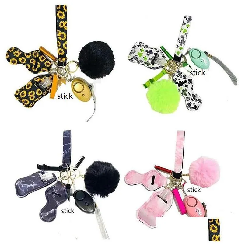 Muitas cores 9 pcs defesa chaveiro conjunto alarme pompom mão desinfetante pulseira batom chaveiros abridor de garrafa para mulher homens auto-def dhkl7